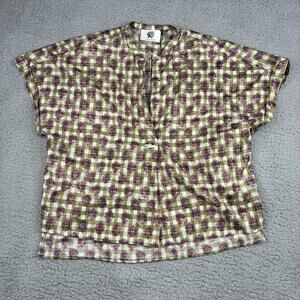 Longchamp Blouse Womens S 36 Green Purple Artichoke V Neck Embroidered Italy